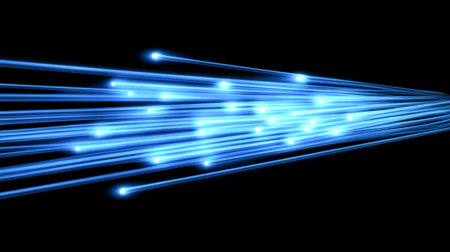 Glowing blue laser light trails on a black background. 3D renderingの素材