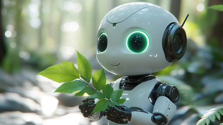 Funny little robot with a leaf in his hand as a sign of ecology, environment, climate change, economy and resourcesの素材