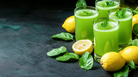 Green tea in glass with fresh leaves and water drops on black backgroundの素材