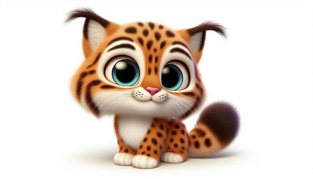 3d rendered illustration of baby Lynx cartoon character with white backgroundの素材