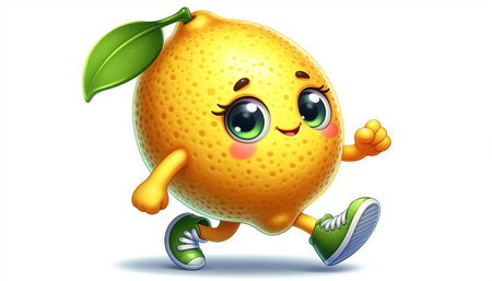 Illustration of a cute lemon cartoon character running on a white backgroundの素材