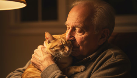 Elderly rural man embracing his cat. Tenderness and affectionの素材