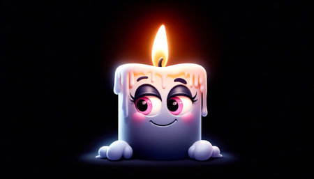 Funny 3D lit candle cartoon isolated on black backgroundの素材