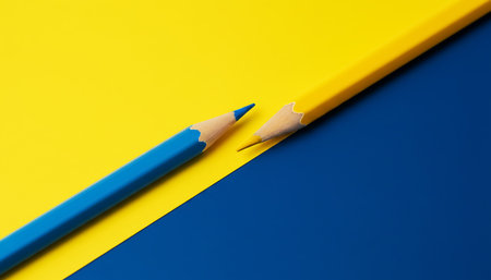 Blue and yellow pencil on a background with the same colorsの素材