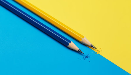 Blue and yellow pencil on a background with the same colorsの素材