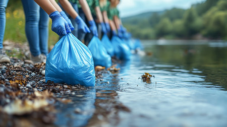 A group of people cleaning the riverbank of polluting waste. Preservation of the environment and ecosystemsの素材