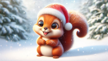 Adorable squirrel cartoon illustration with Santa hatの素材