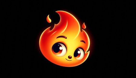 Cute 3D flame cartoon isolated on black backgroundの素材