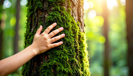 Child's hand caressing a mossy tree as a sign of protection. Ecology, sustainability, and the environment conceptの素材