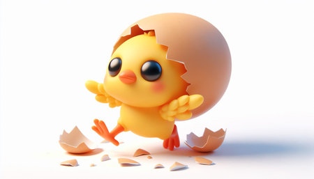 Cute baby chick cartoon inside an egg with broken shellの素材