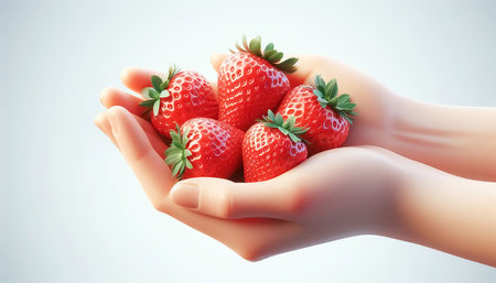 Human hand holding fresh strawberriesの素材