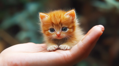 Cute little red kitten in human hand, closeup. Adorable petの素材