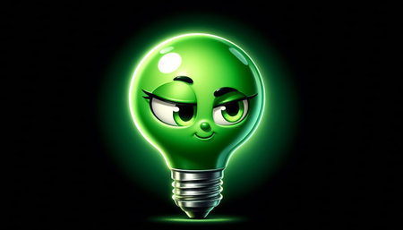 Illustration of a 3D cute adorable green ecological light bulb cartoonの素材