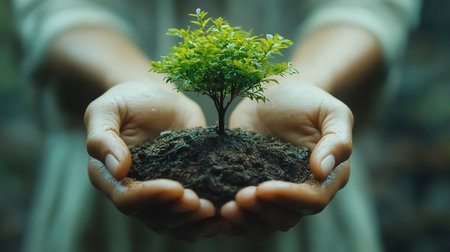 Woman hands holding small tree in environmental protection conceptの素材