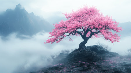Ancient tree on top of a hill and surrounding mountains shrouded in clouds and mistの素材
