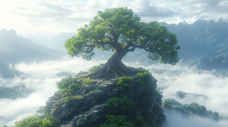 Ancient tree on top of a hill and surrounding mountains shrouded in clouds and mistの素材