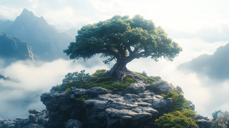 Ancient tree on top of a hill and surrounding mountains shrouded in clouds and mistの素材