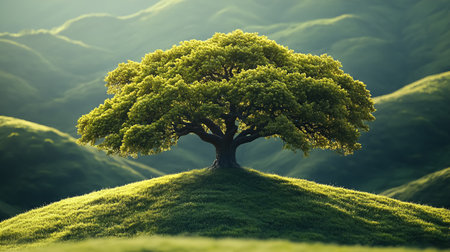 Ancient tree on top of a hill and surrounding mountains shrouded in clouds and mistの素材