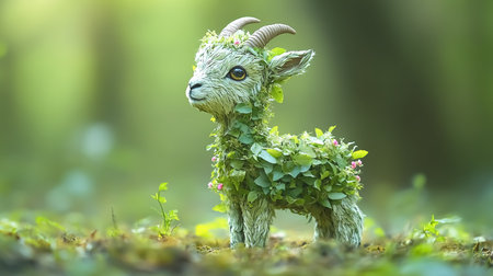 Green leaves forming the body of a goat in a forest. Concept of water, environment and ecologyの素材