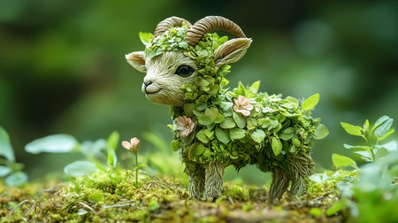 Green leaves forming the body of a goat in a forest. Concept of water, environment and ecologyの素材