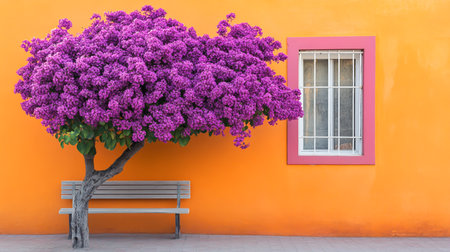 Purple bougainvillea tree in front of an orange house facadeの素材
