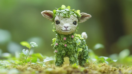 Green leaves forming the body of a goat in a forest. Concept of water, environment and ecologyの素材