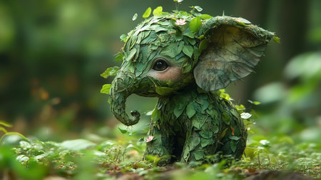 Green leaves forming the body of an elephant in a forest. Concept of water, environment and ecologyの素材