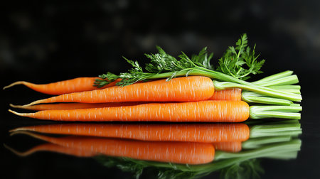 Ripe carrots isolated on black background. Vegetables for healthy foodの素材