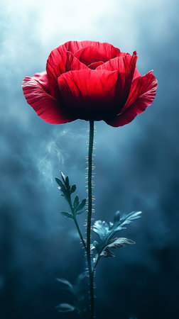 One red poppy isolated on blurred backgroundの素材