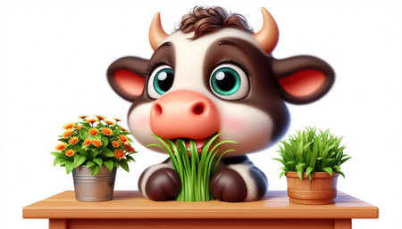 3D funny baby cow cartoon eating grassの素材