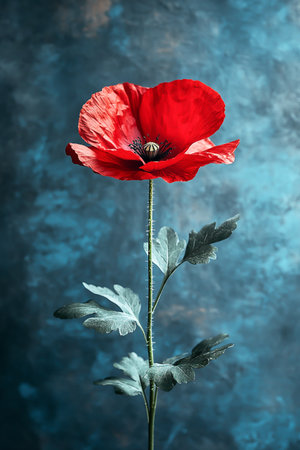 One red poppy isolated on blurred backgroundの素材