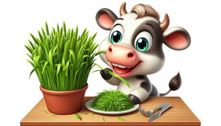 3D funny baby cow cartoon eating grassの素材