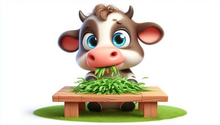 3D funny baby cow cartoon eating grassの素材