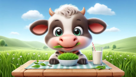 3D funny baby cow cartoon eating grassの素材