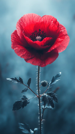 One red poppy isolated on blurred backgroundの素材