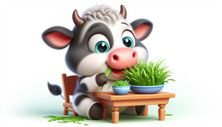 3D funny baby cow cartoon eating grassの素材