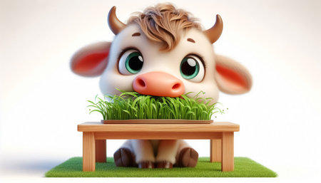 3D funny baby cow cartoon eating grassの素材