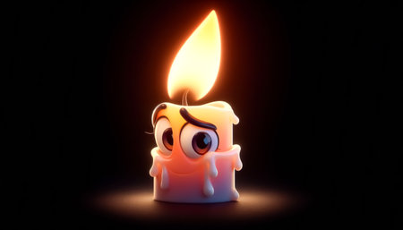 Funny 3D lit candle cartoon illustration isolated on black backgroundの素材
