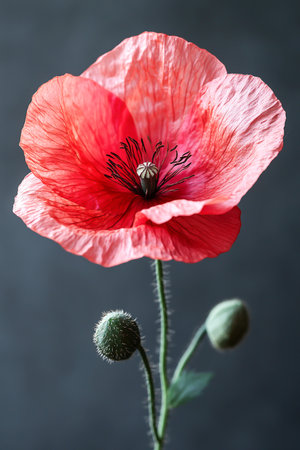 One red poppy isolated on blurred backgroundの素材
