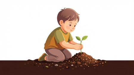 Child holding a small plant. Concept of ecology and sustainabilityの素材