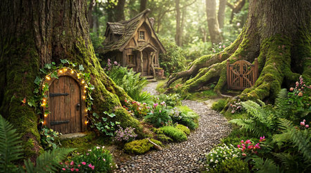 Magical and fantastic world of a city in the forest with tree housesの素材