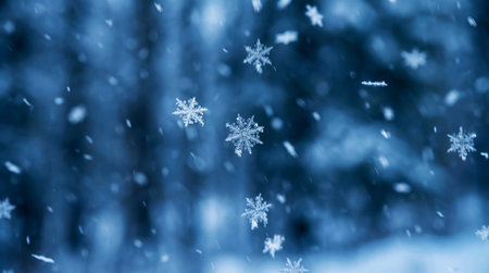 Snowflakes against a serene winter blue backgroundの素材