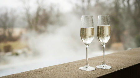 Flutes of champagne to welcome the new year, in a cloudy environment. Free space for textの素材