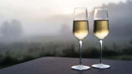 Flutes of champagne to welcome the new year, in a cloudy environment. Free space for textの素材