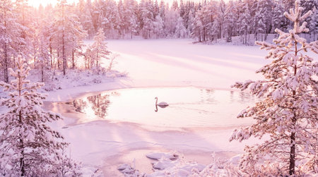 Scenic icy landscape in winter at sunrise with swan on lakeの素材