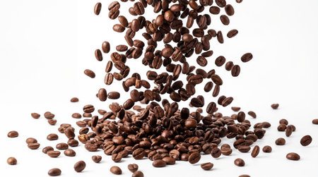 Coffee beans falling on white backgroundの素材