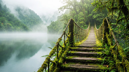 Scenic landscape of rope bridge with moss over lakeの素材