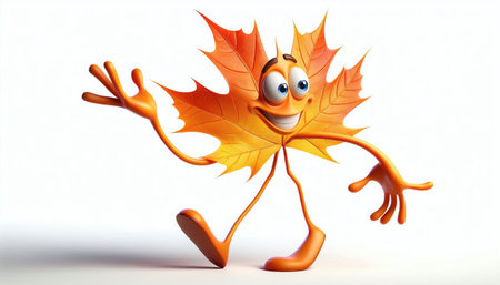 Cartoon character of maple leaf with arms and legs, 3d illustrationの素材