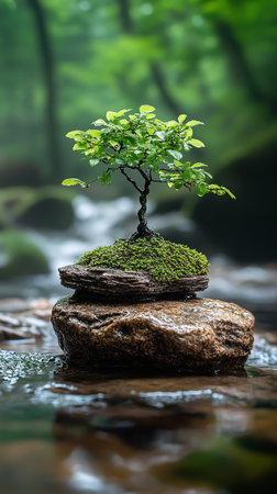 Small rock on the bank of a stream with a bonsai on top. Fantasy art conceptの素材