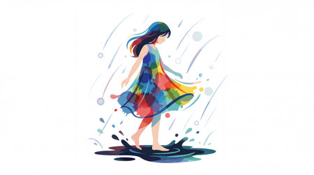 Abstract watercolor illustration of woman dancing in the rainの素材